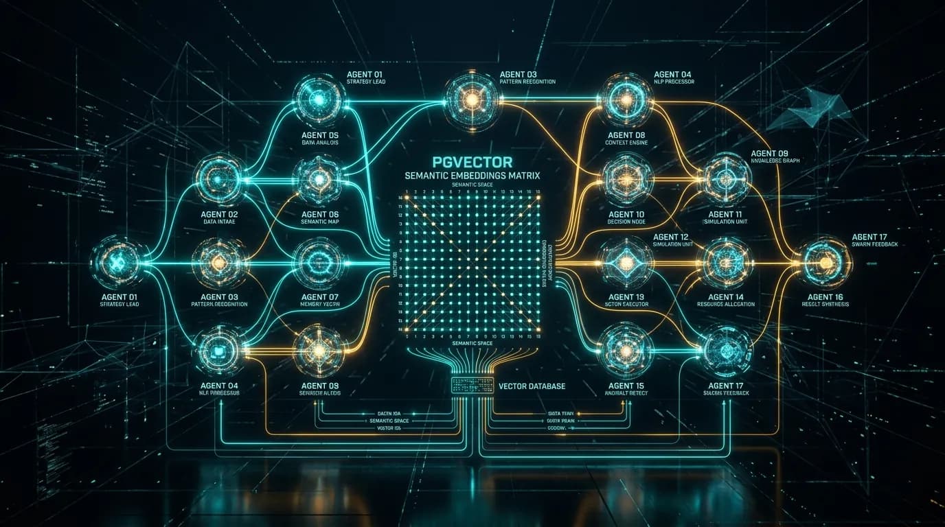 Xplora Kodo 17-agent AI swarm neural network architecture and pgvector semantic routing