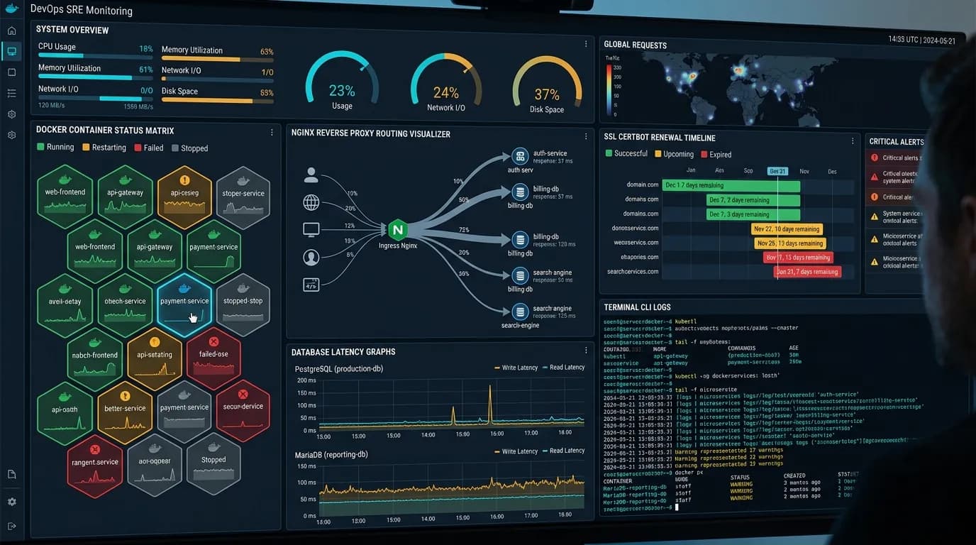 Self-managed polyglot DevOps and reverse proxy infrastructure monitoring dashboard