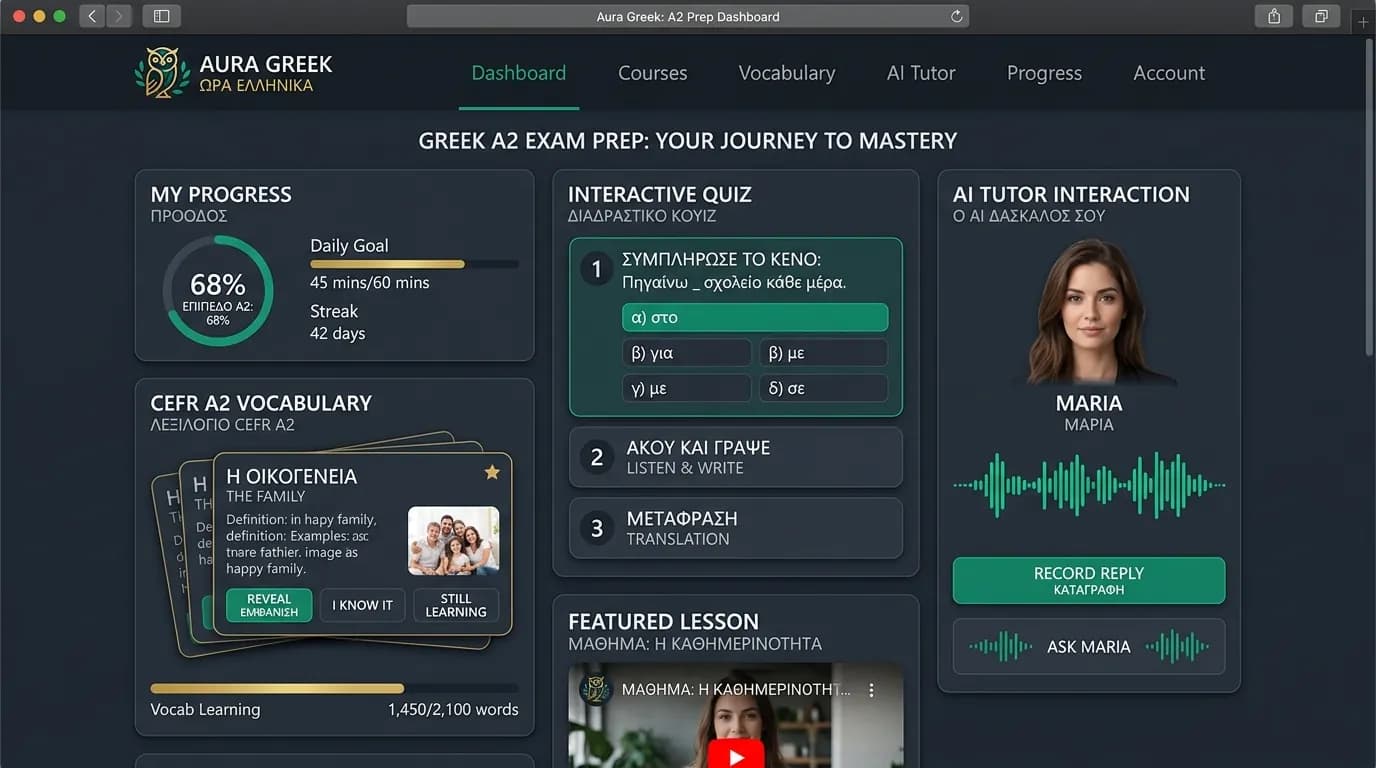 Greek Quiz AI learning platform and CEFR A2 prep dashboard