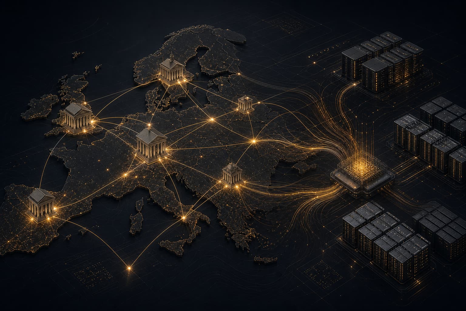 Architecture réseau abstraite sombre montrant l’infrastructure financière européenne connectée à des clusters de calcul IA par des lignes ambrées de flux de crédit.