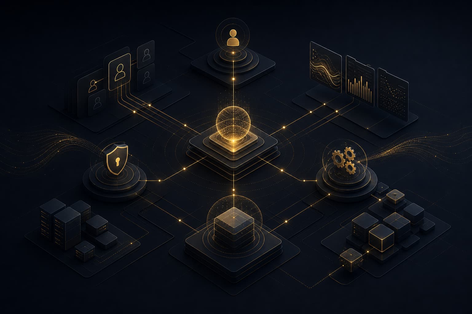Abstract dark network architecture with amber control paths and secured AI nodes.