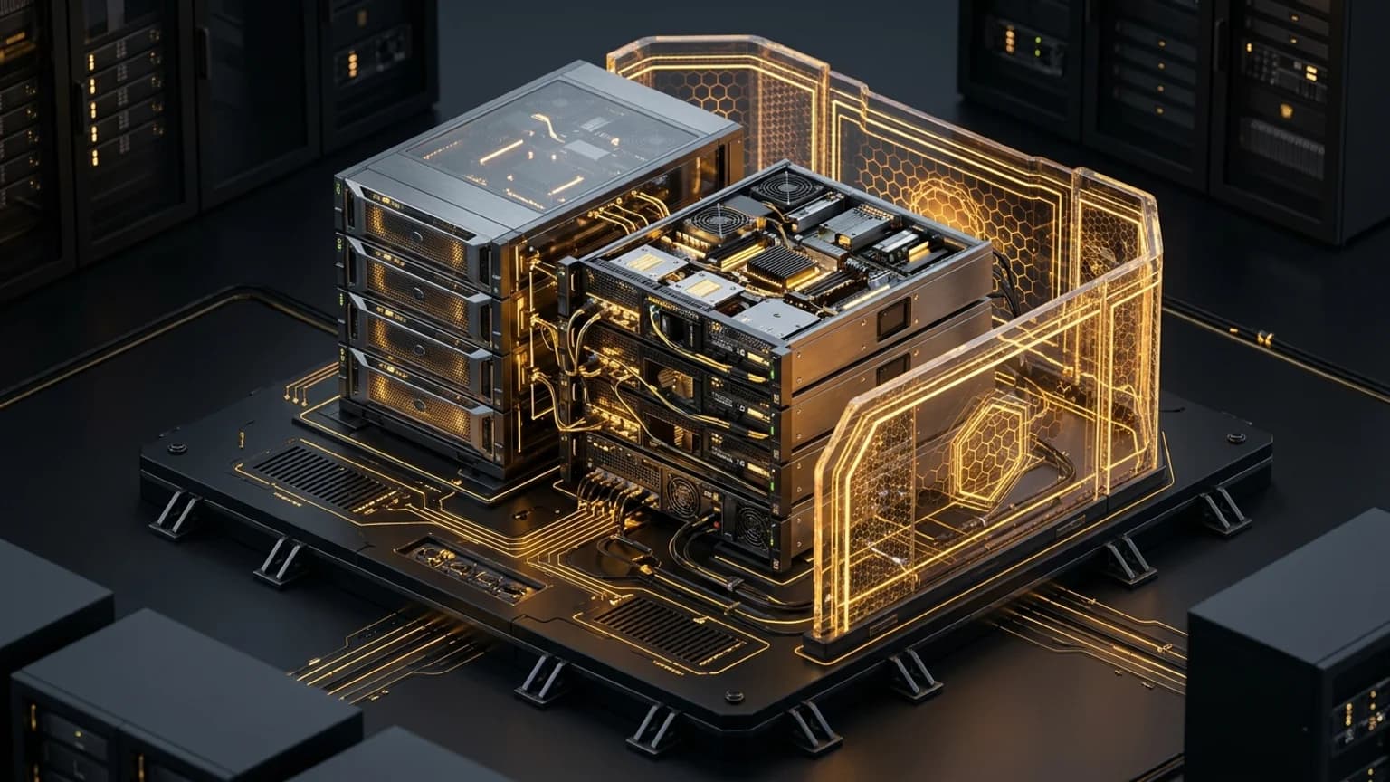 3D isometric render of hardened enterprise server nodes, application runtime barriers, and circuit traces on a dark obsidian base.