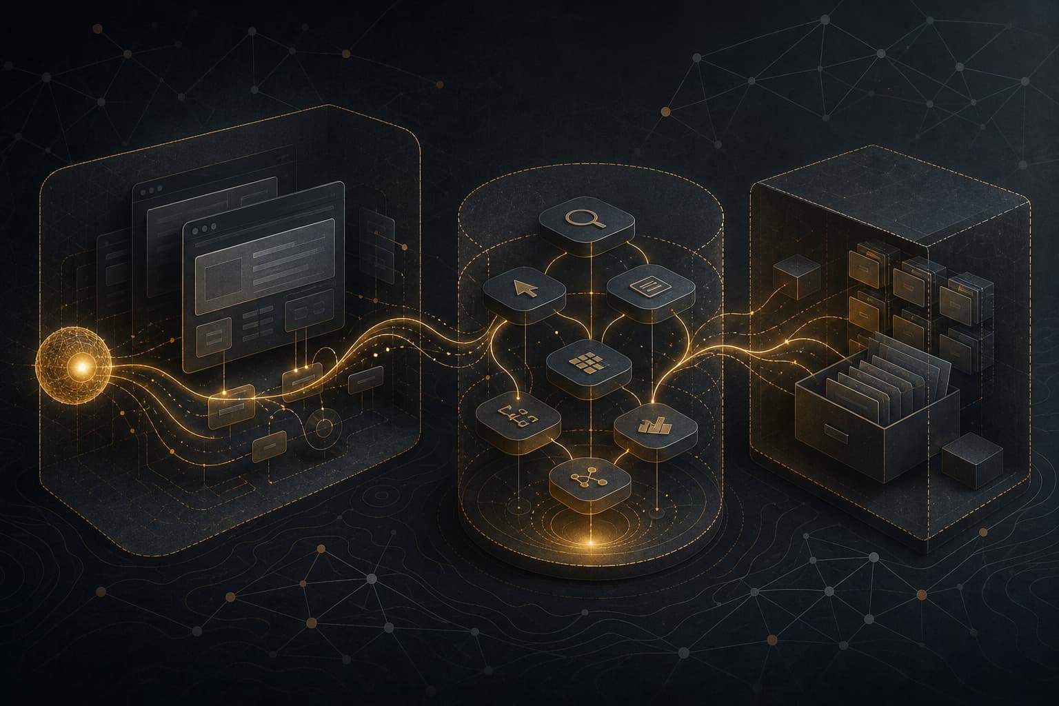 Abstract dark technical illustration of agent workflows, file nodes, and browser automation paths in warm amber lines.