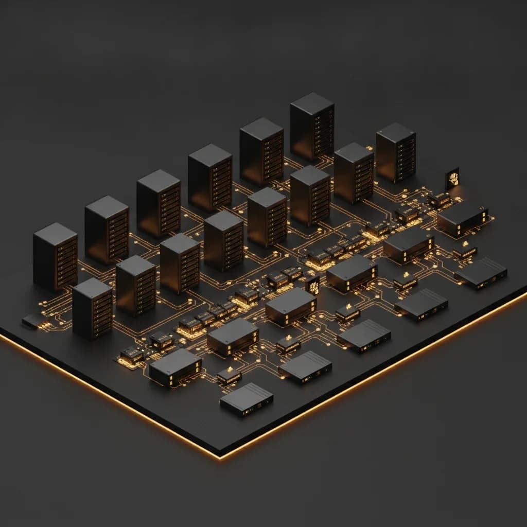Isometric 3D enterprise server infrastructure with golden data paths on dark graphite background
