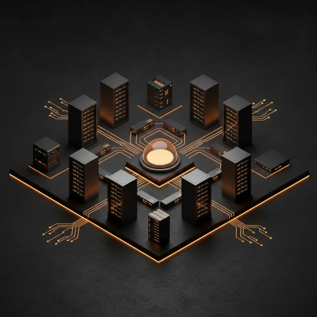3D isometric representation of secure server nodes and cloud infrastructure routing.