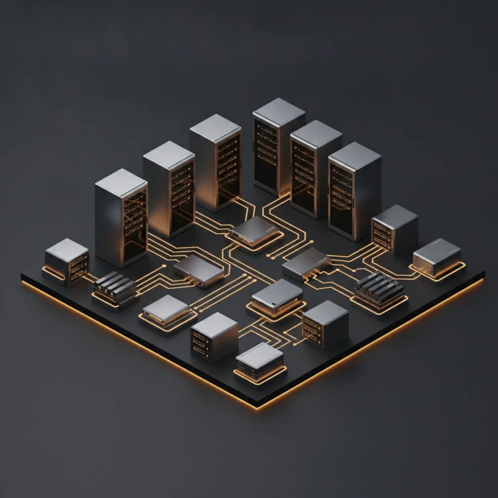 3D isometric view of secured enterprise AI inference clusters and protected ZeroMQ network topology.