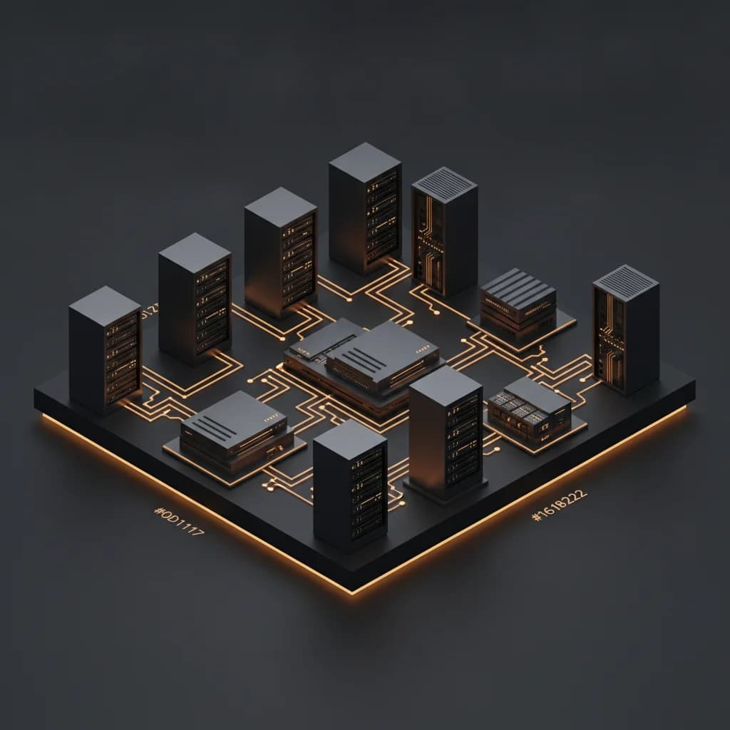 Isometric 3D enterprise server infrastructure with golden data paths and amber security perimeter glow