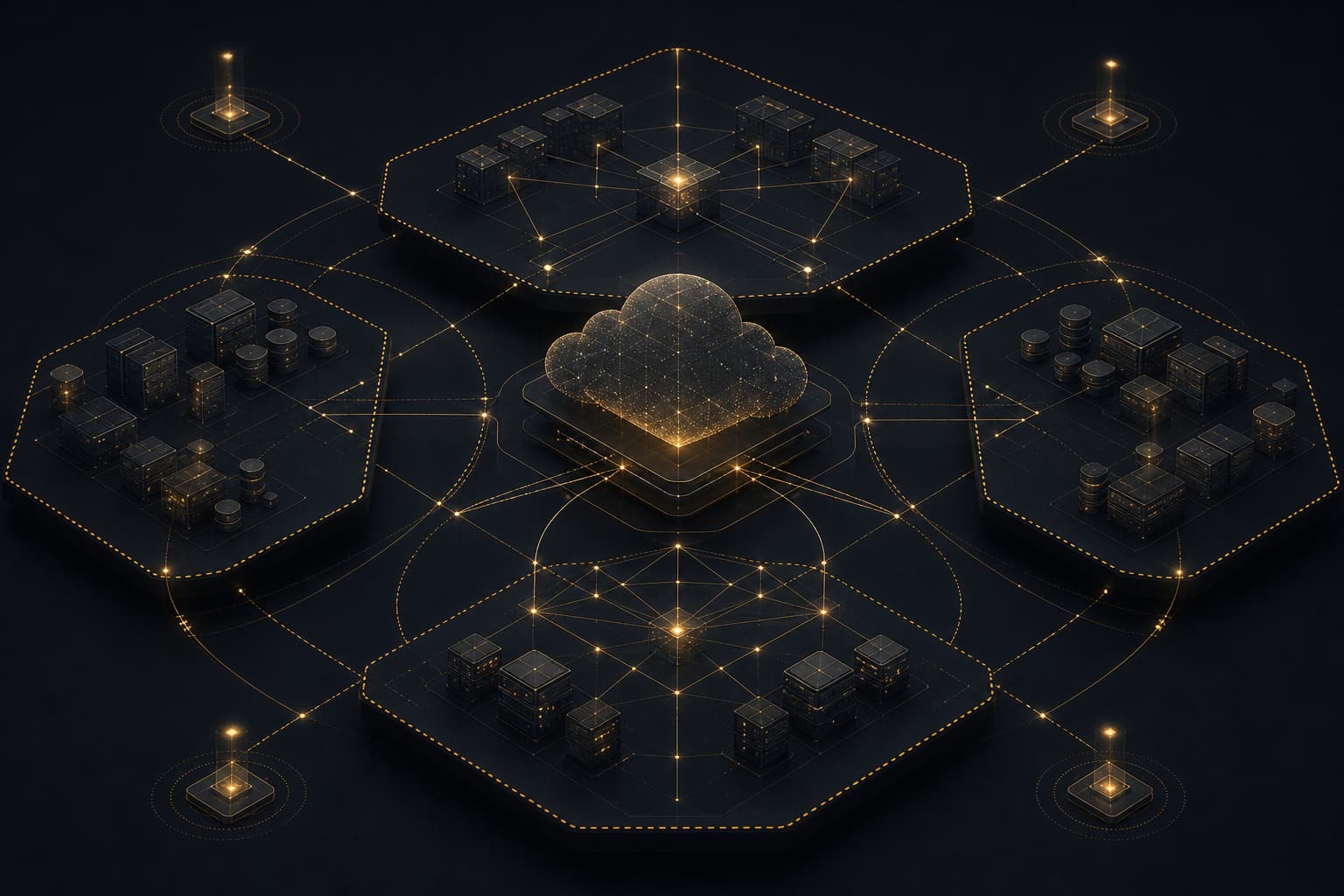 Abstract dark network topology with amber identity control nodes and resilient cloud boundary lines