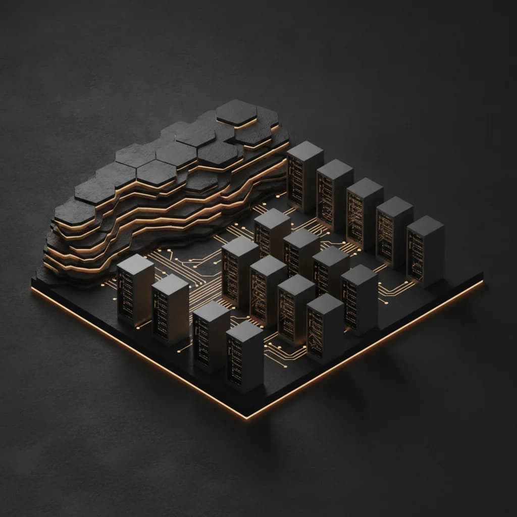 Isometric 3D render of enterprise infrastructure nodes connected by glowing amber data paths