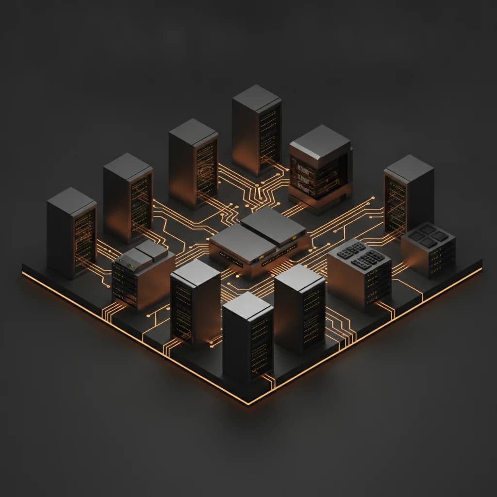 3D isometric render of enterprise Kubernetes networking nodes and Rust agent gateway proxies illuminated with warm gold data paths on a dark graphite surface.