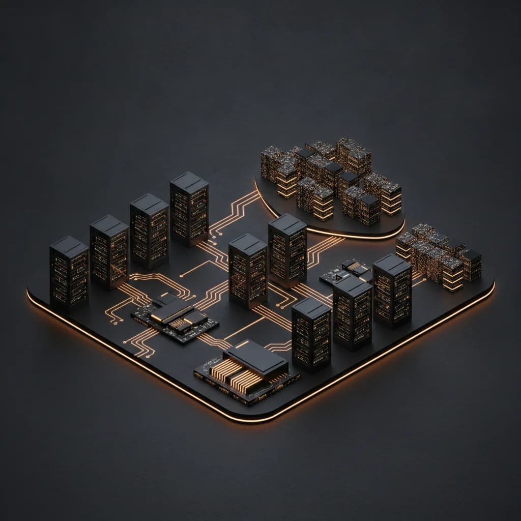 Isometric 3D enterprise cloud infrastructure and multi-cluster Kubernetes nodes connected by glowing amber circuit traces