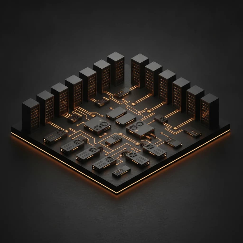 Rendu 3D isométrique de nœuds de cluster Kubernetes sécurisés avec des circuits ambre lumineux représentant un contrôle d'accès à granularité fine.