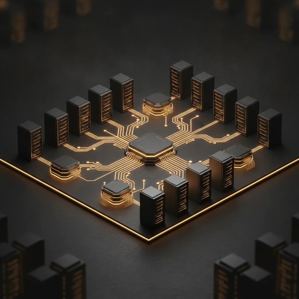 Isometric 3D enterprise network topology illustrating secure API Gateway migration and eBPF dataplane on dark graphite background.