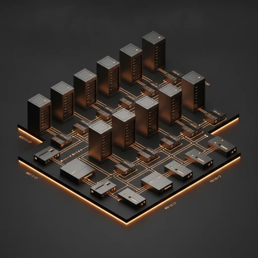 Isometric 3D enterprise server infrastructure with amber security circuit pathways