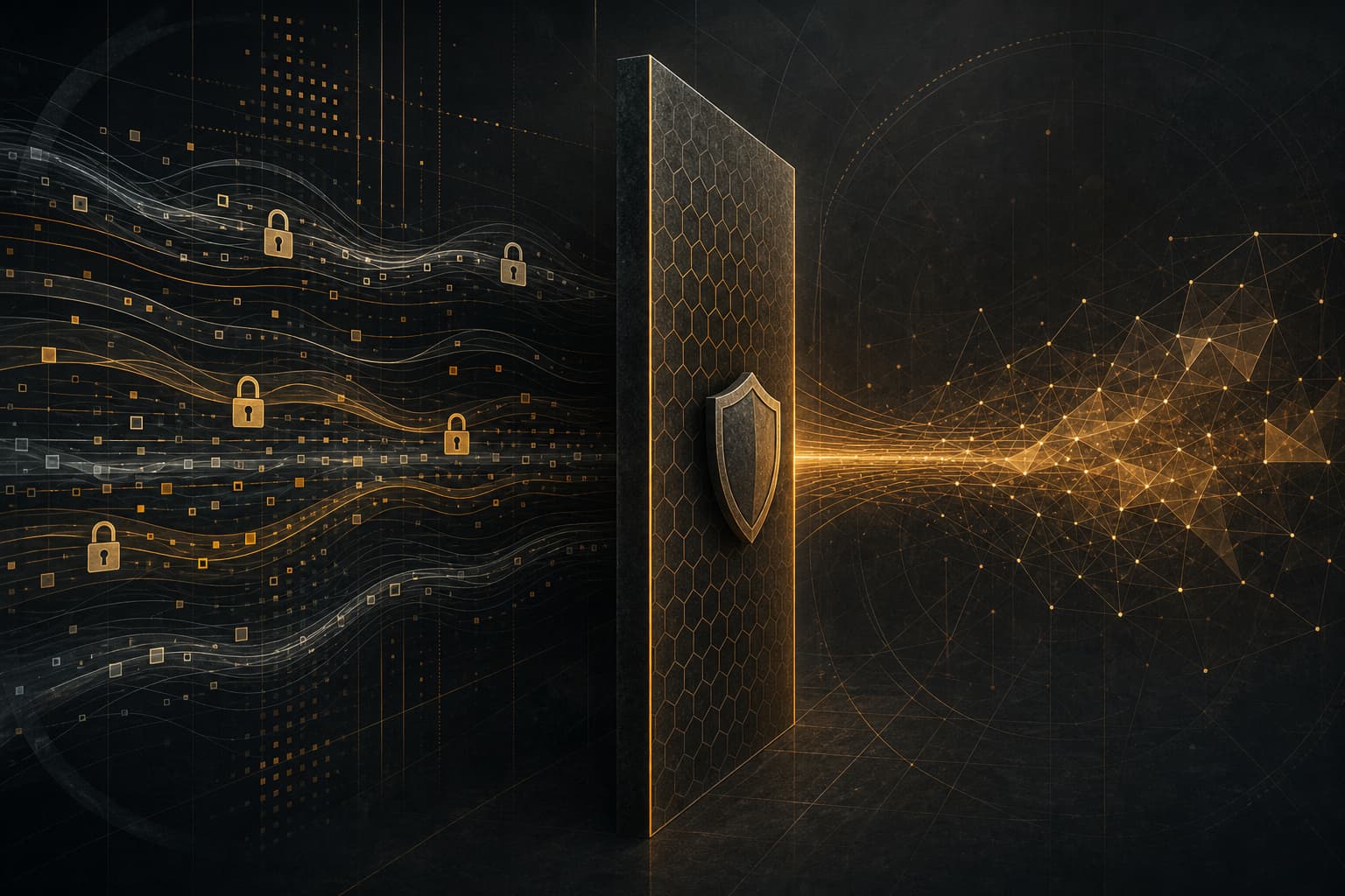 Abstract dark graphite and amber illustration of protected data flows through an AI inference boundary.