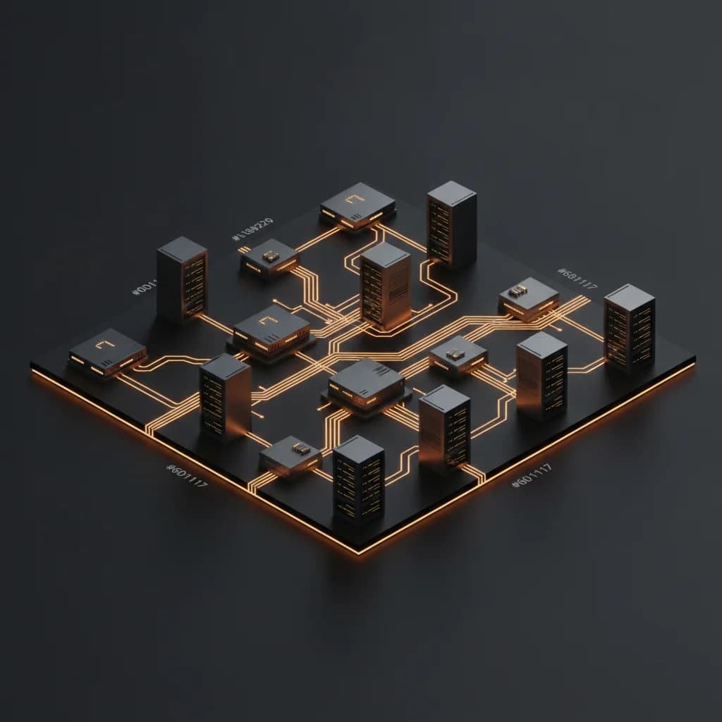 Isometric 3D rendering of interconnected dark server nodes with glowing amber circuit lines representing trace context flow across process boundaries.
