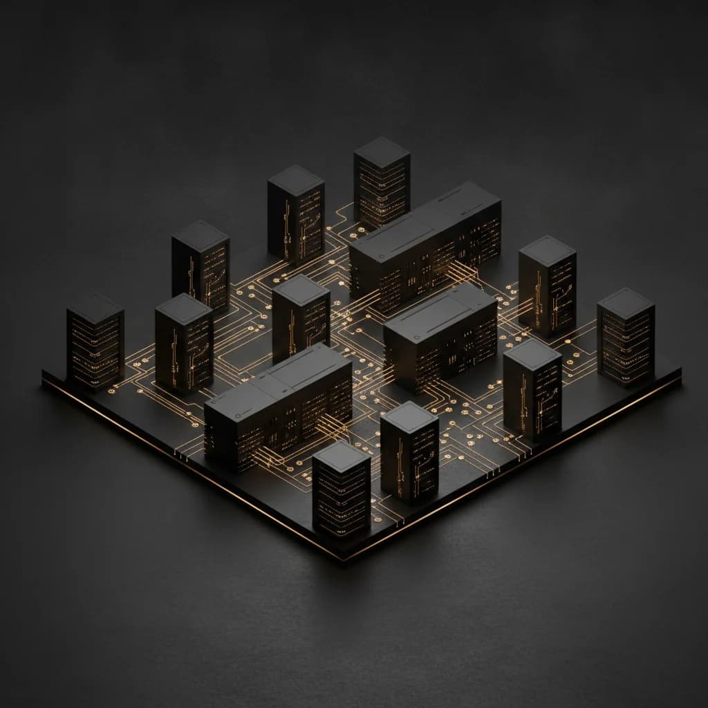 Rendu 3D isométrique de nœuds de serveurs d'entreprise cyber-résilients et de traces de circuits en or et graphite sombre.