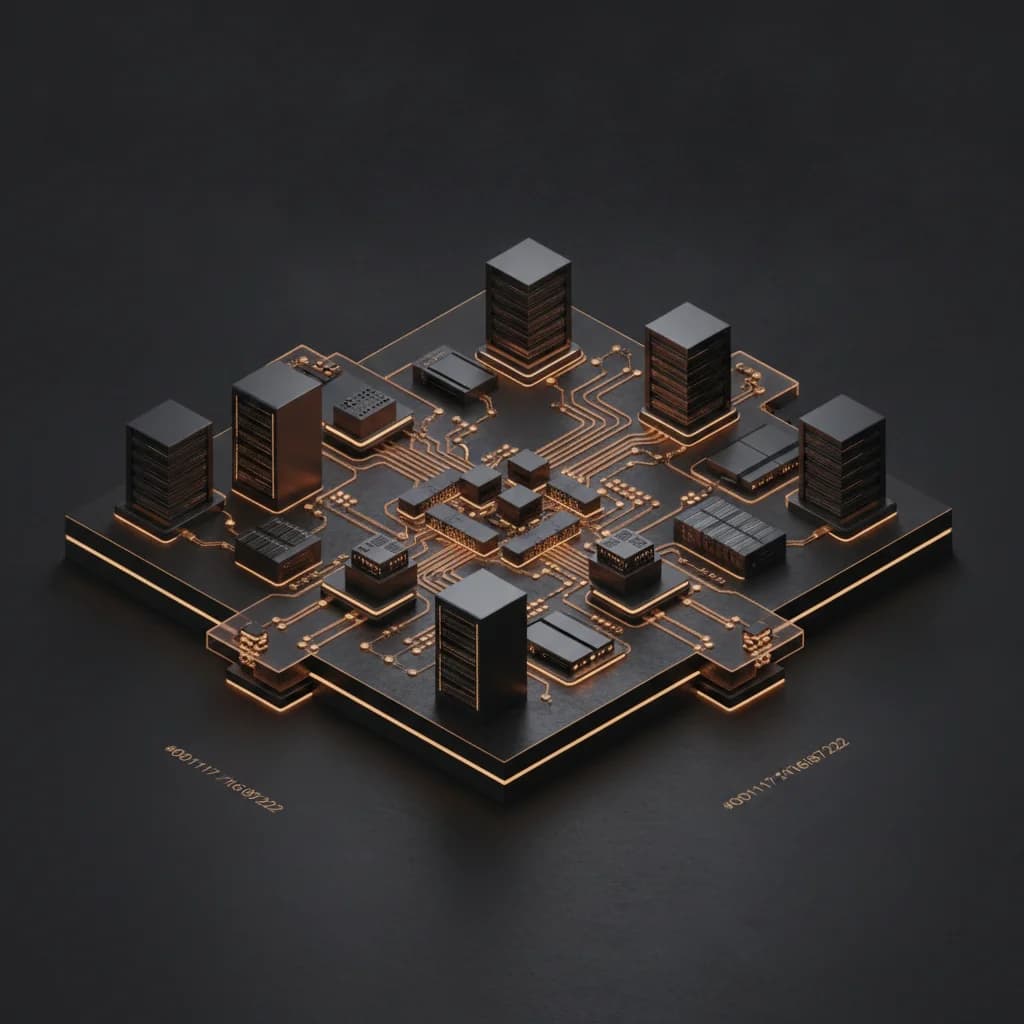 Rendu 3D isométrique d'une infrastructure d'entreprise et d'une topologie cyber-résiliente sur surface graphite sombre avec flux de données dorés lumineux.