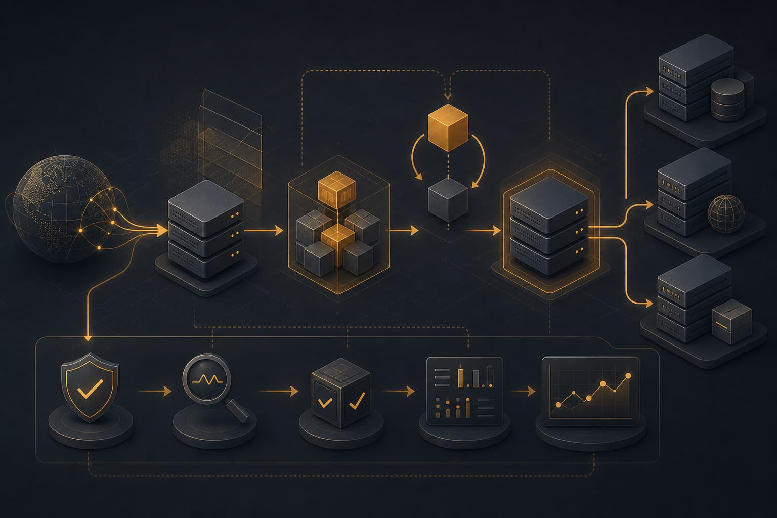 Abstract dark graphite and warm amber illustration of proxy nodes, package layers, and a rollback path.