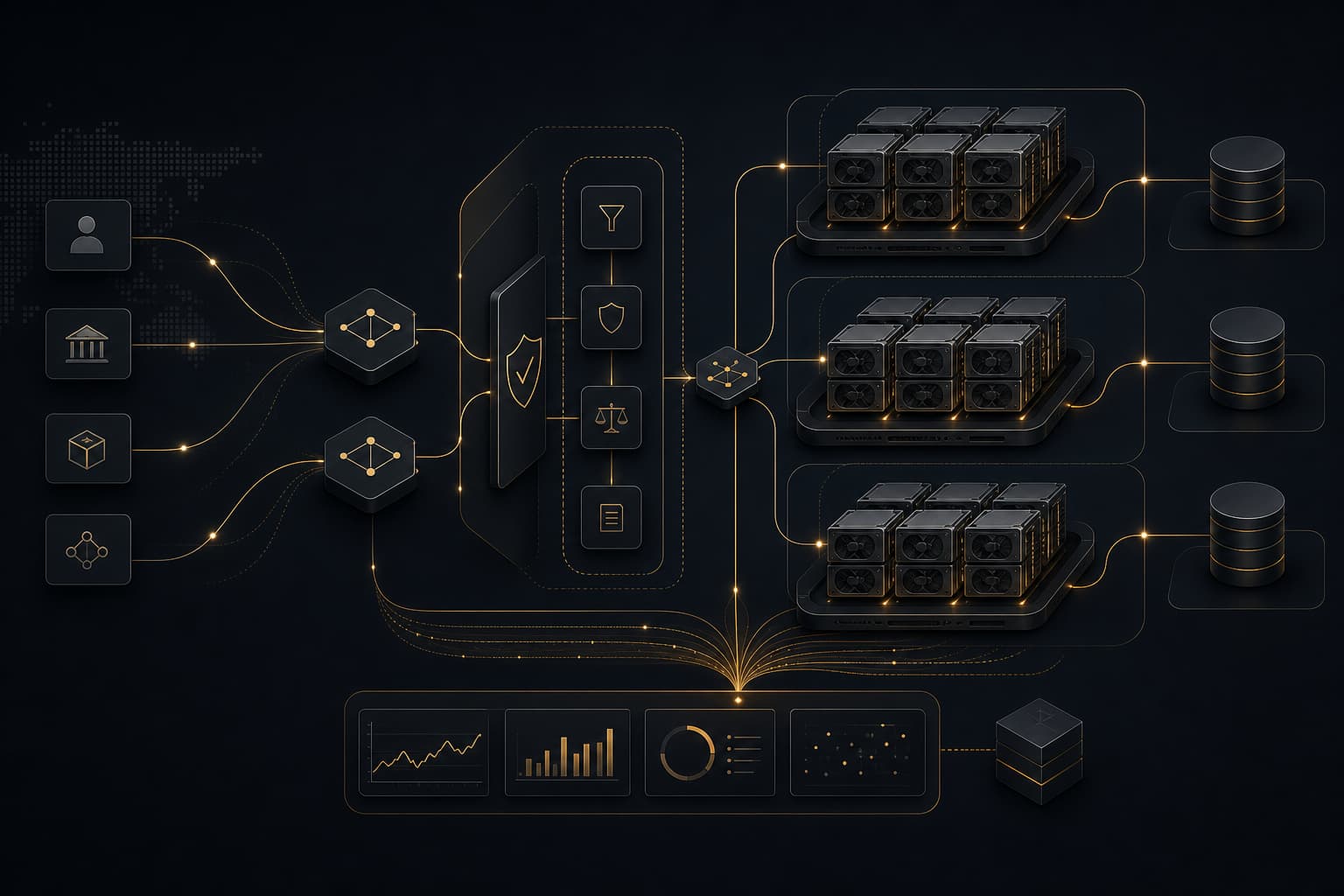Abstract dark graphite sovereign AI inference architecture with amber topology lines connecting GPU clusters, policy gates and observability nodes.