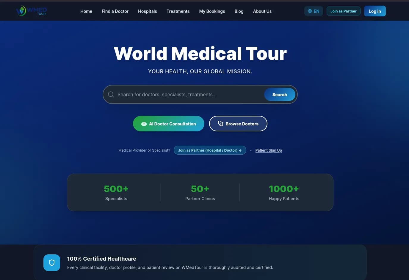 wmedtour.com homepage after the rebuild, showing doctor/hospital search and AI consultation entry points