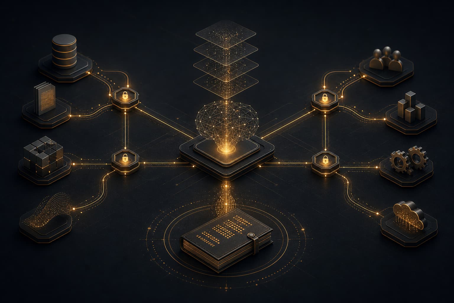 Abstract dark network architecture with amber provenance signals flowing through controlled AI gateways.