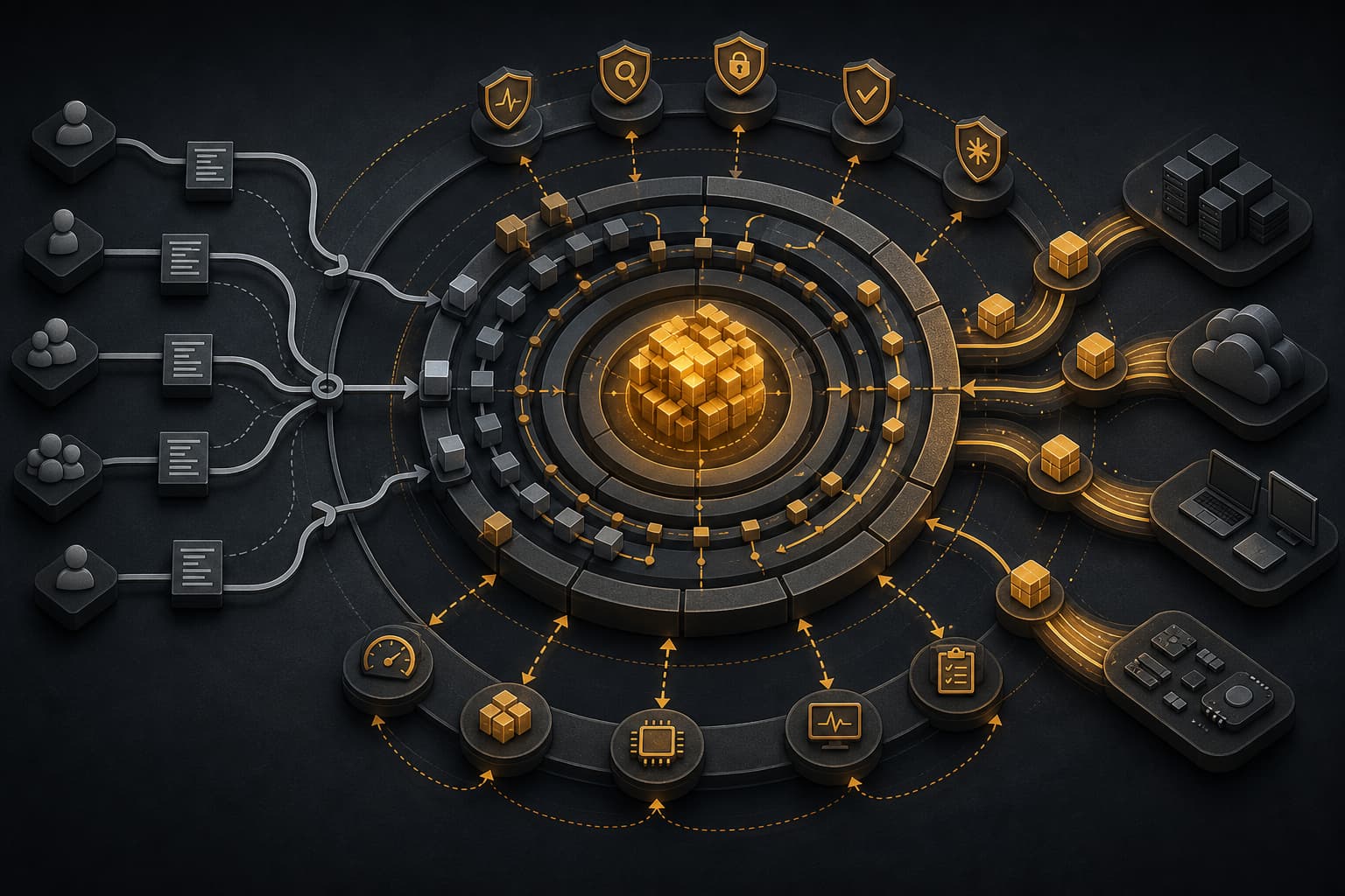 Abstract dark graphite and amber illustration of layered kernel rings, package streams, and security checkpoints.