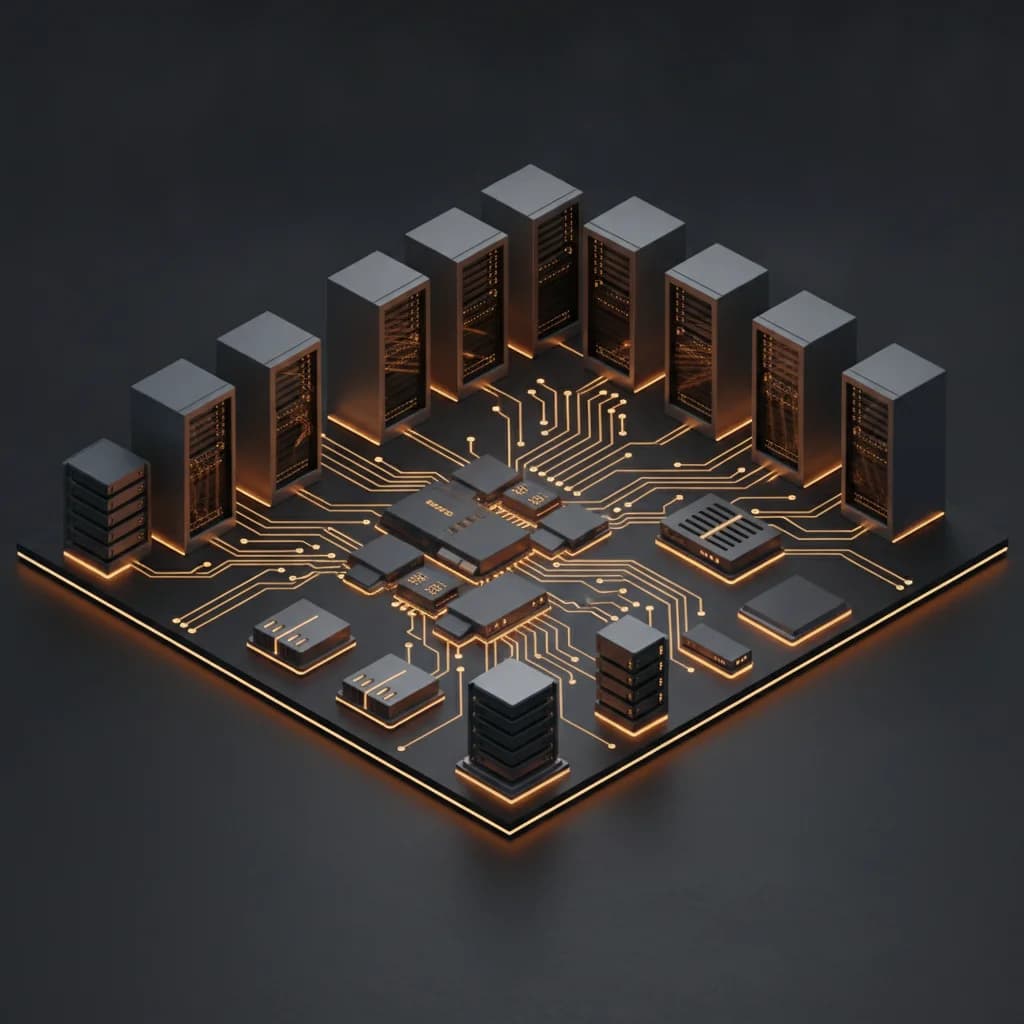 Isometric 3D render of eBPF network infrastructure and secure data nodes