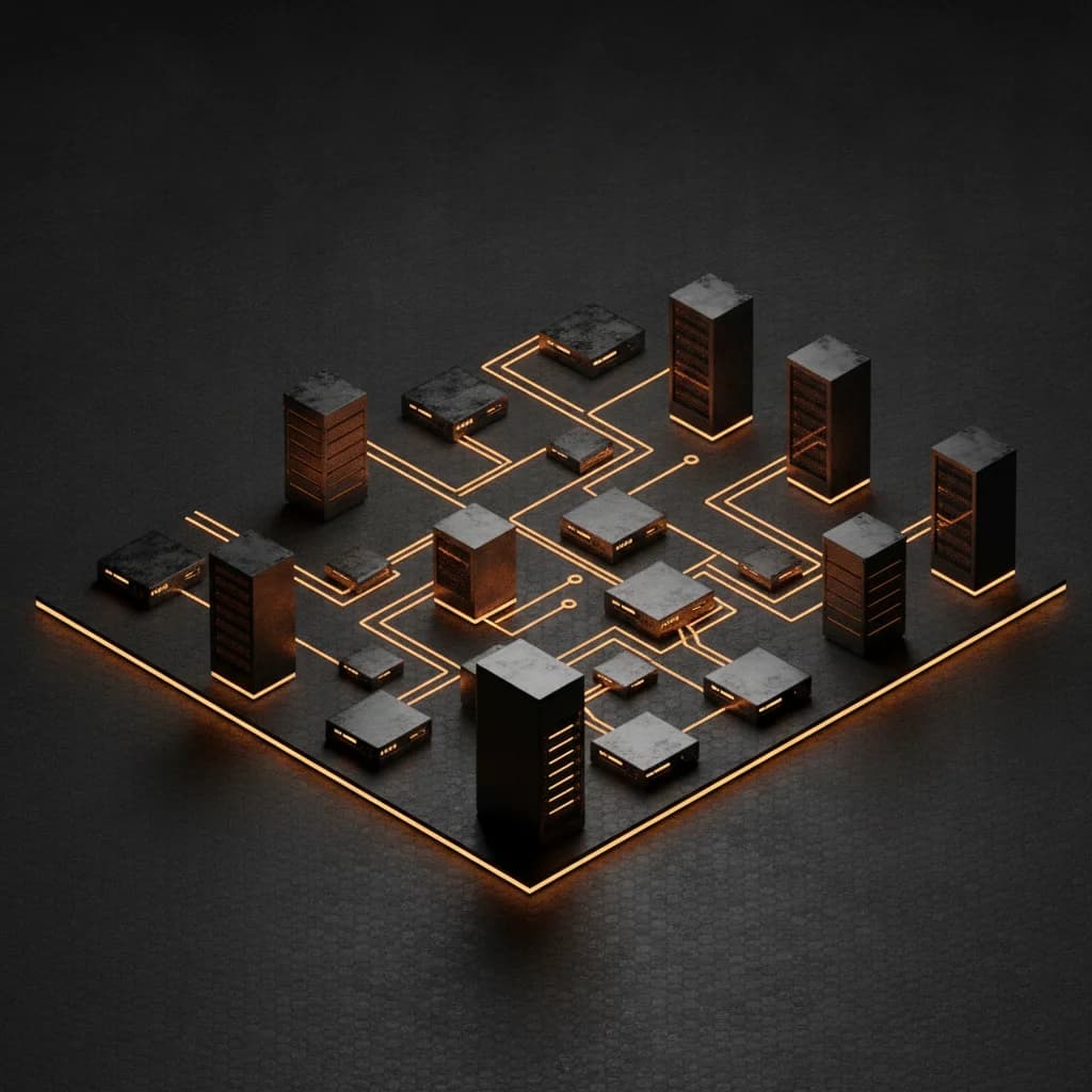 3D isometric render of enterprise cloud infrastructure with warm gold data paths on dark graphite topology.
