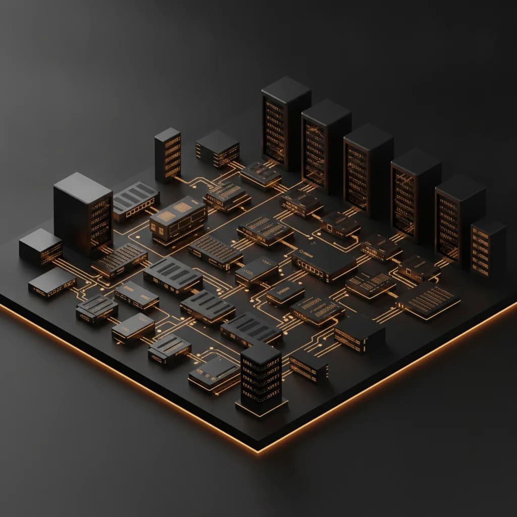 Isometric 3D enterprise infrastructure showing secure container build pipelines on a dark surface.