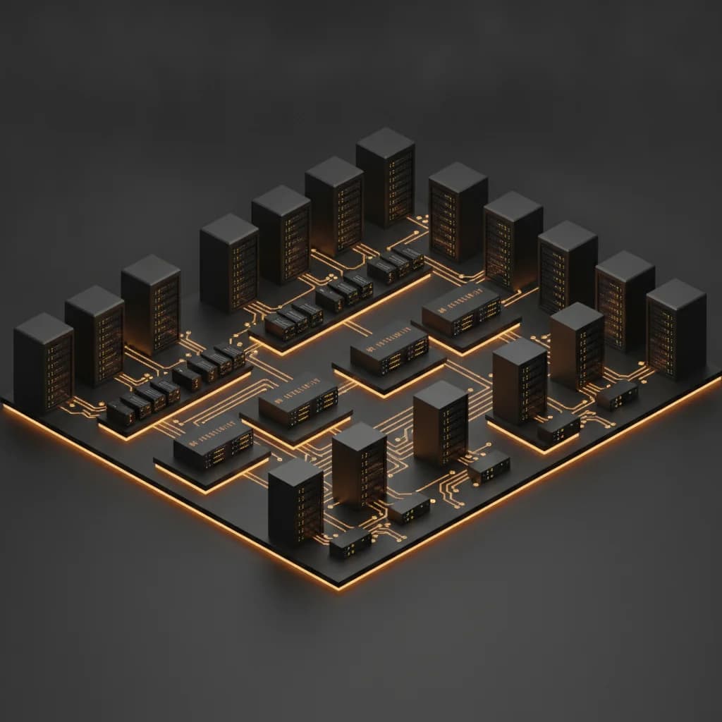 Isometric 3D rendering of secure enterprise management servers and circuit traces.