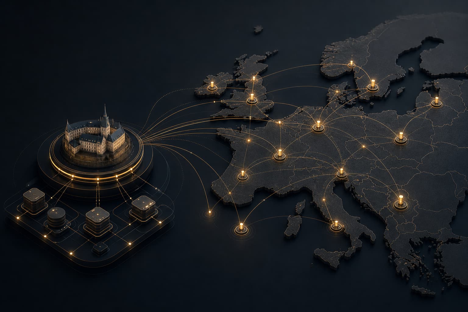 Abstract dark network architecture with amber resilience paths representing regulated financial branches connected into a DORA control framework.