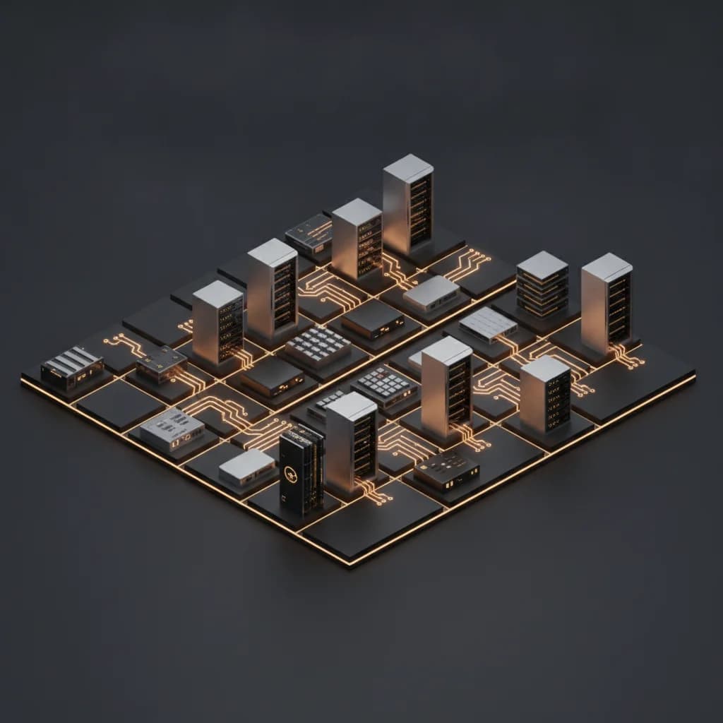 Isometric 3D render of cyber-resilient enterprise server infrastructure with gold circuit traces.