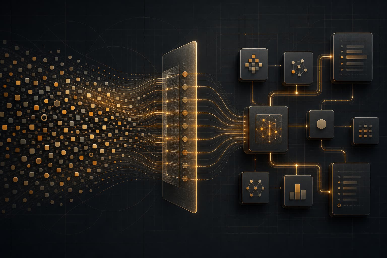 Abstract graphite and amber illustration of token streams flowing through a cost meter into agent workflow blocks.