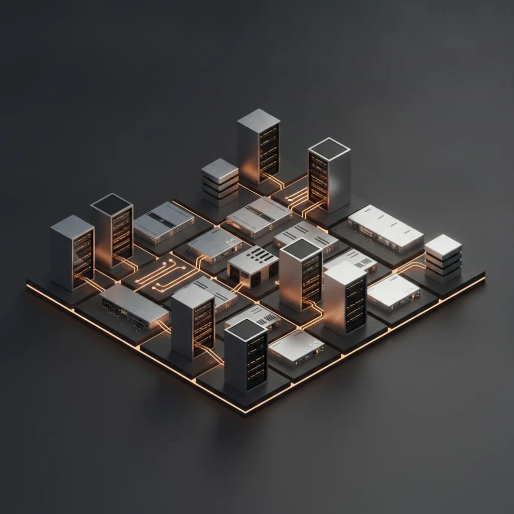Isometric 3D rendering of enterprise Kubernetes infrastructure nodes with glowing amber circuit paths on dark graphite background.