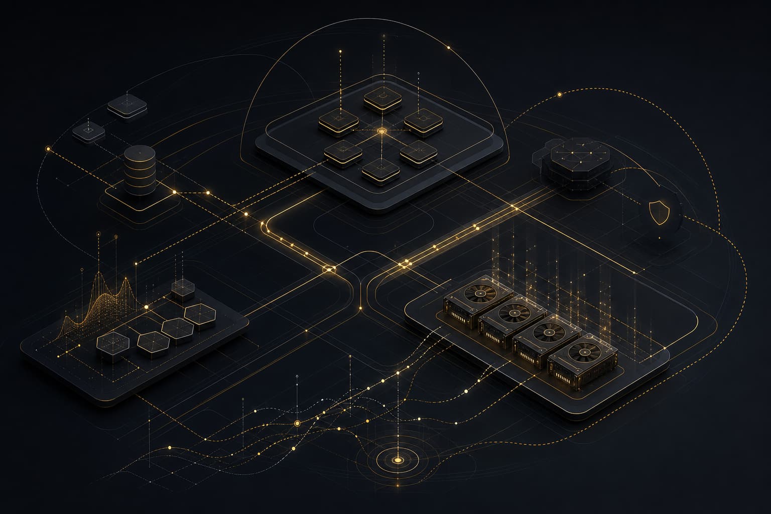 Abstract dark network architecture with amber topology lines representing resilient Kubernetes and AI infrastructure