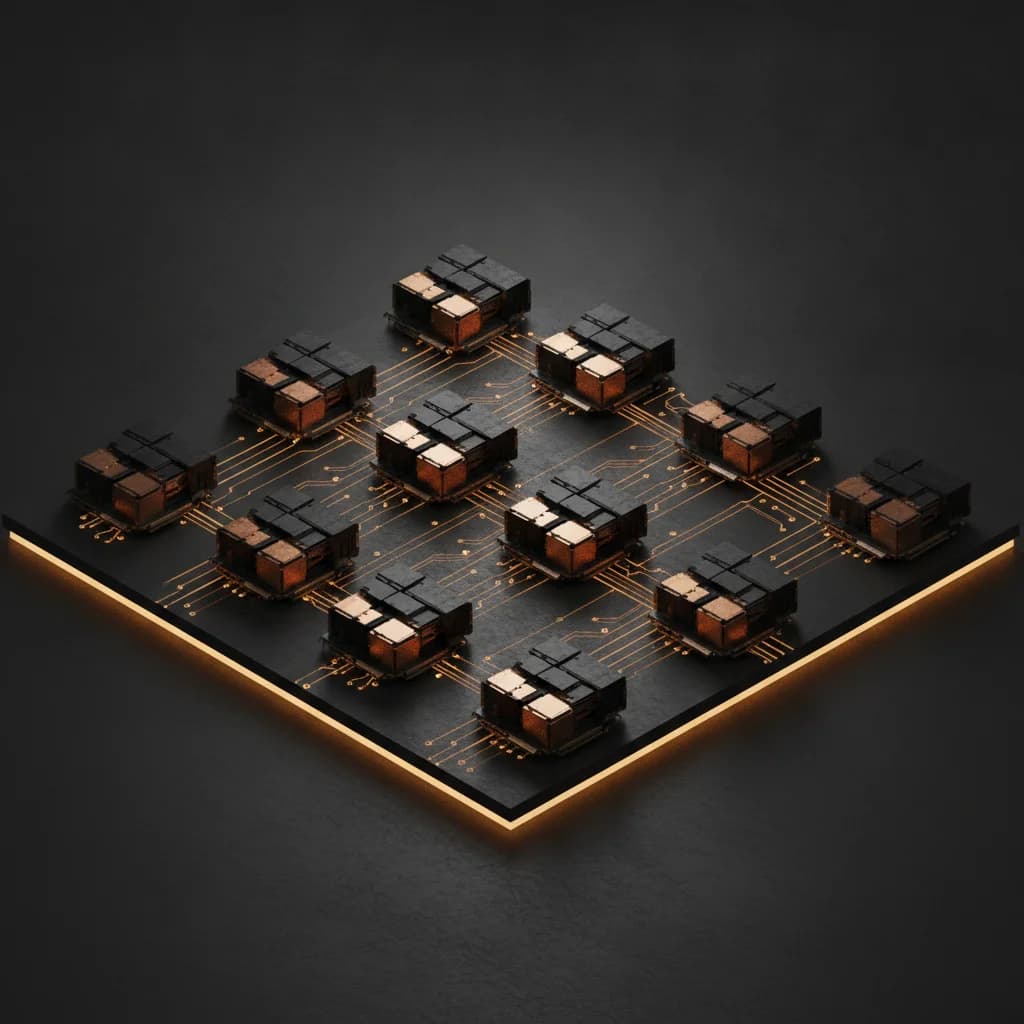 Rendu 3D isométrique de serveurs IA d'entreprise et de topologie matérielle d'interconnexion avec pistes de circuit dorées sur ardoise sombre.