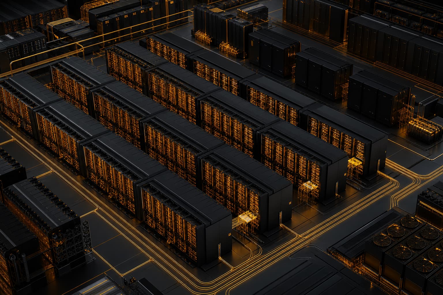 3D isometric view of the MeluXina sovereign AI supercomputer datacenter with high-density GPU server racks and glowing warm amber liquid cooling lines.
