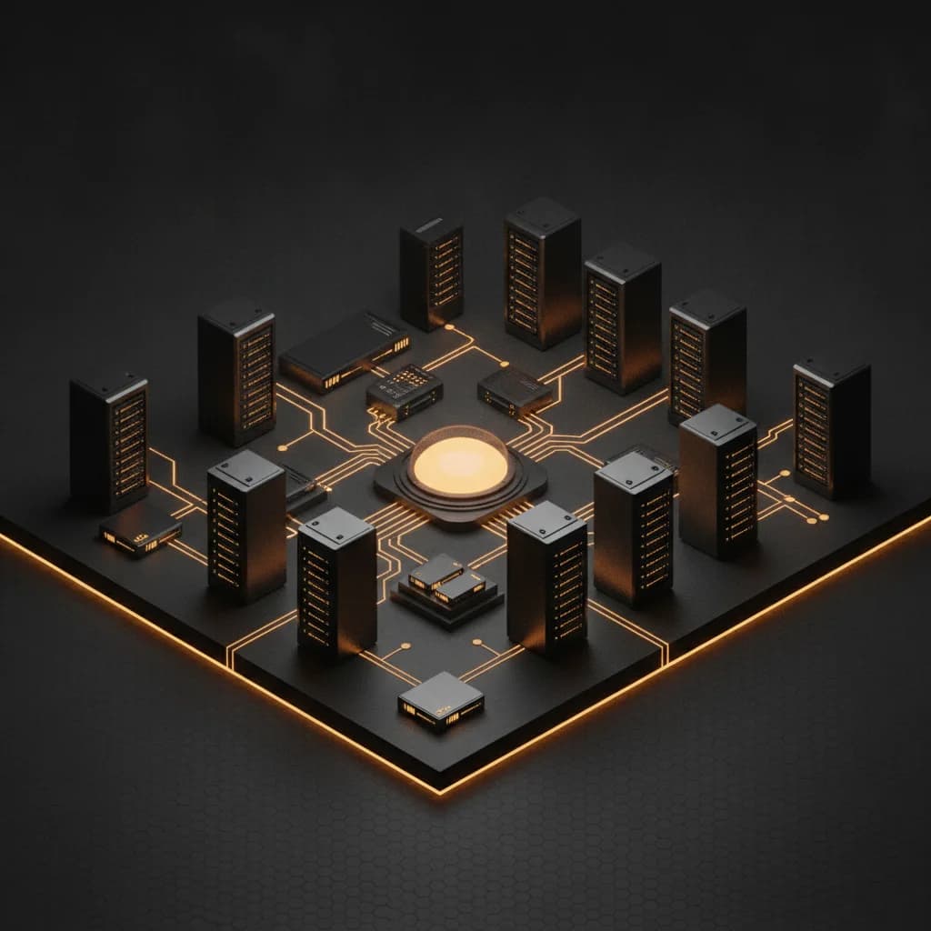 Isometric 3D render of cyber-resilient enterprise infrastructure with glowing amber circuit traces.
