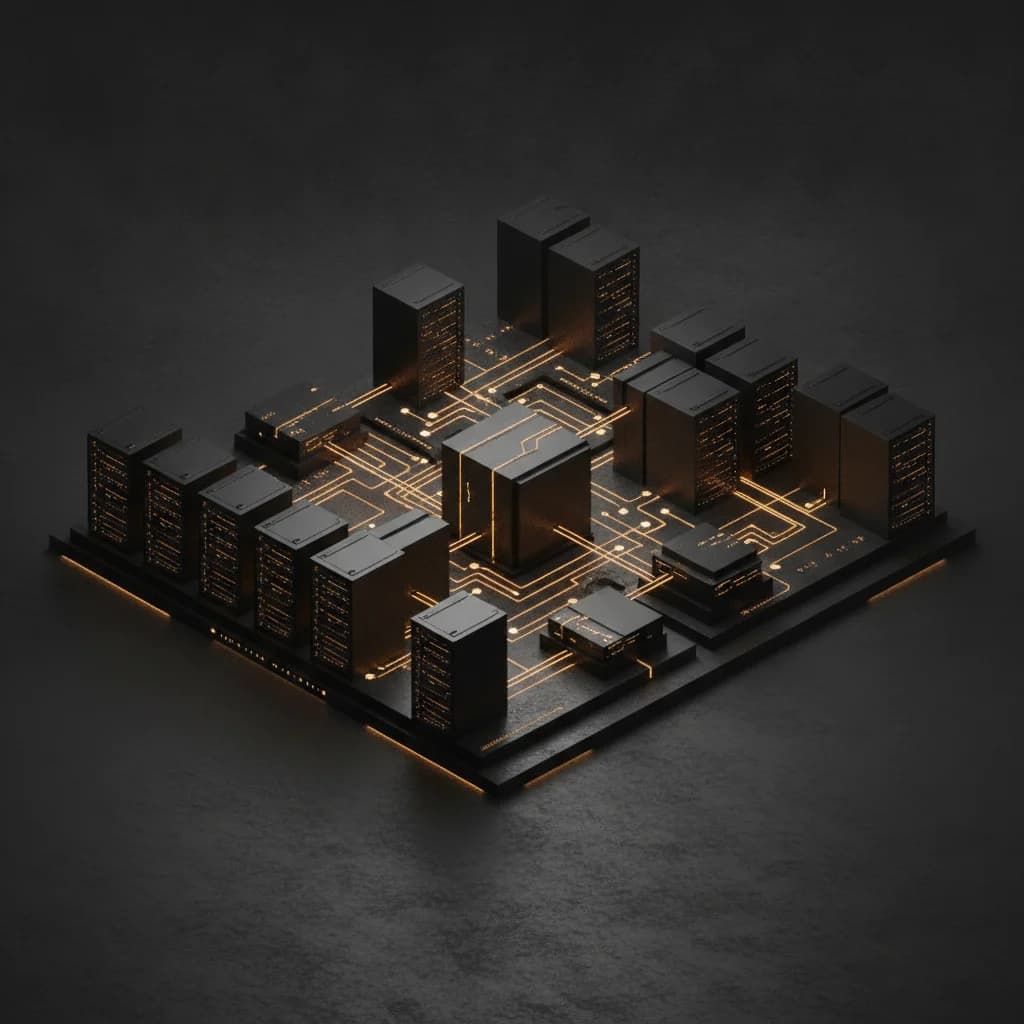 Isometric 3D render of secure cloud infrastructure hardware with glowing gold encryption data paths on a dark graphite surface.