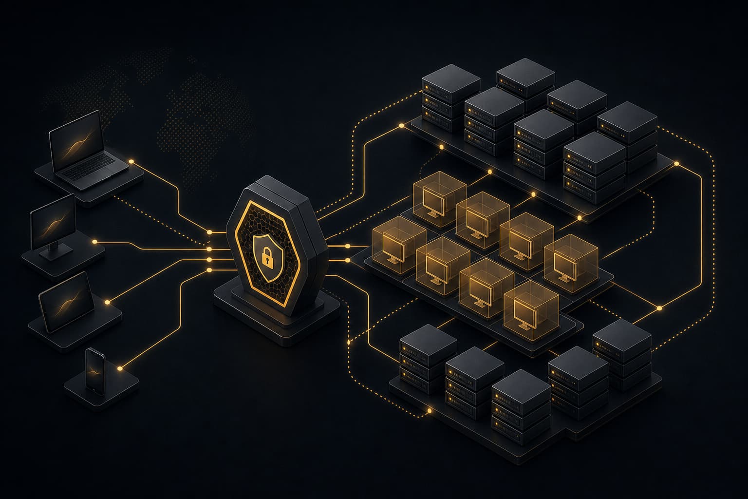 Abstract dark network architecture showing virtual desktop nodes connected through resilient gold topology lines.