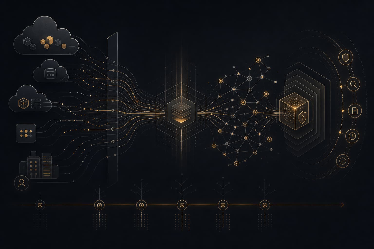 Abstract resilient infrastructure topology with correlated telemetry paths and warm amber incident signals on a dark graphite background.