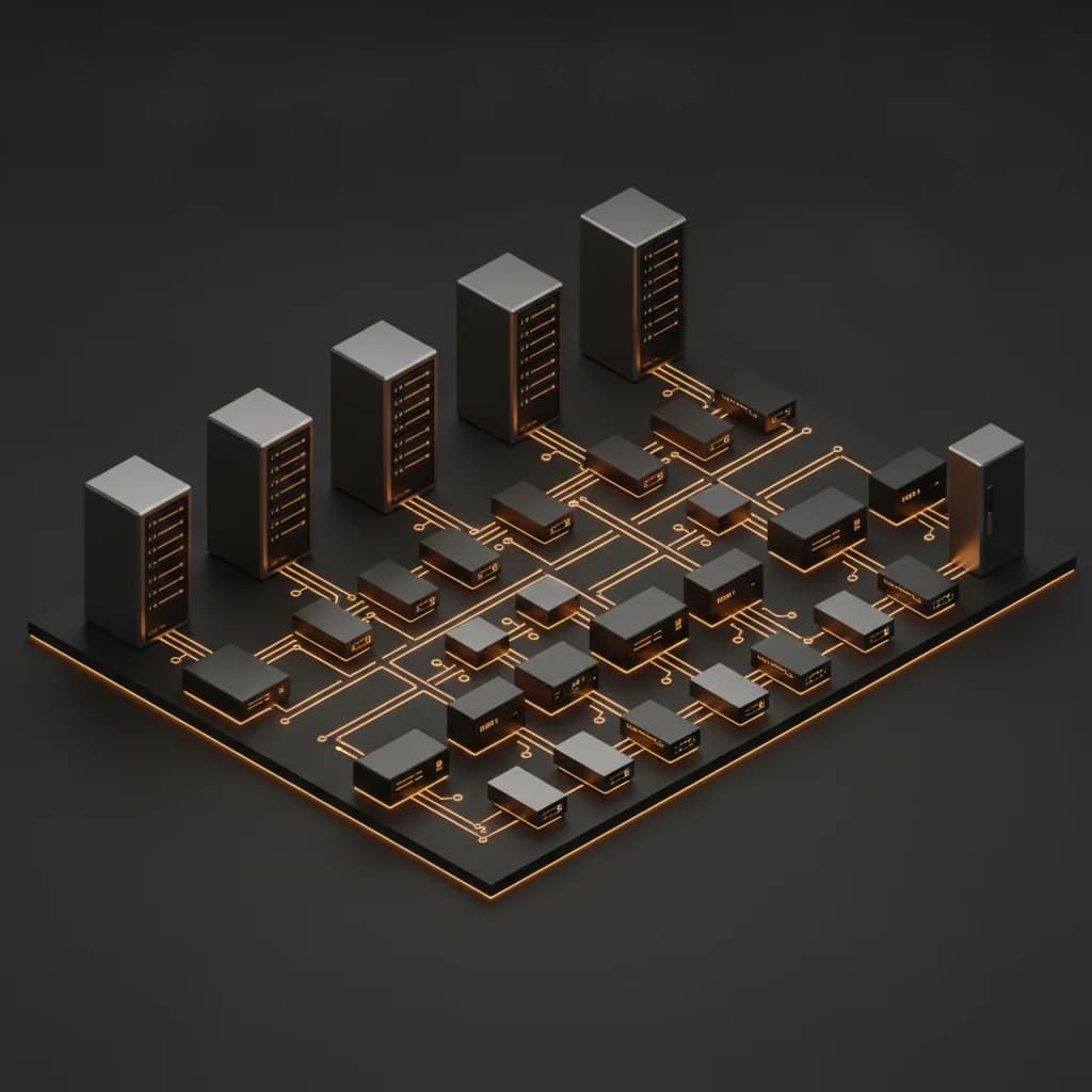 Isometric 3D render of cyber-resilient enterprise server infrastructure with glowing gold circuit paths.